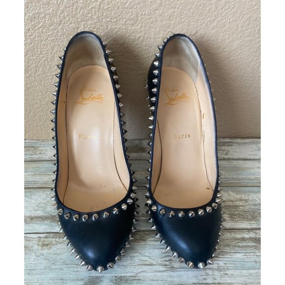 Christian Louboutin Dorispiky Black Leather Spiked Pumps 37.5/US7.5 w/COA No Box - Picture 3 of 15